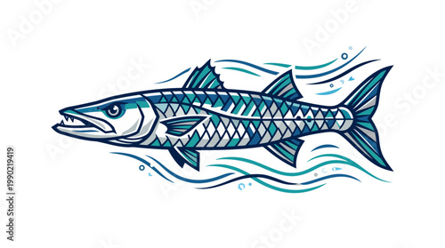Illustration of a barracuda fish swimming in blue water.