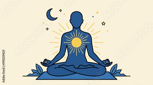 Person meditating with sun and moon symbols representing balance.