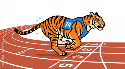 Tiger athlete running fast on a sports track wearing a bib.