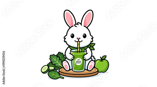 Cute cartoon rabbit enjoying a healthy green smoothie.