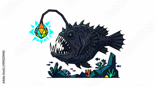 Deep sea anglerfish with bioluminescent lure illustration.