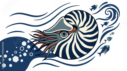 Nautilus Shell Creature with Flowing Tentacles and Small Fish.
