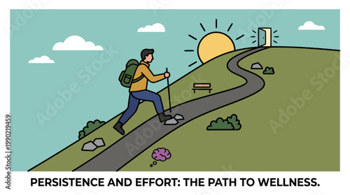 Man hiking up a winding path towards a bright sun and open door symbolizing wellness.