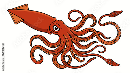Illustration of a red squid with many tentacles.