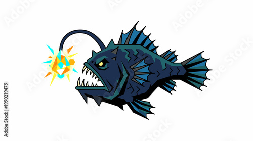 Deep sea anglerfish with glowing lure and sharp teeth.