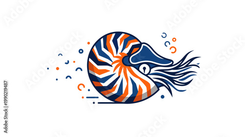 Nautilus Shell with Tentacles and Bubbles Illustration.