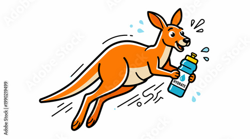 Cartoon Kangaroo Running with Water Bottle.
