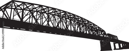 Black steel bridge, industrial arch structure, metal truss, vector illustration