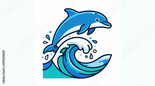 Blue dolphin jumping over a stylized wave with water splashes.