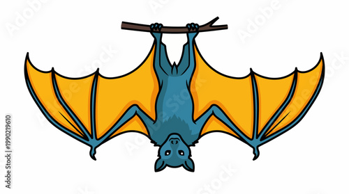 Cartoon Bat Hanging Upside Down From Branch.