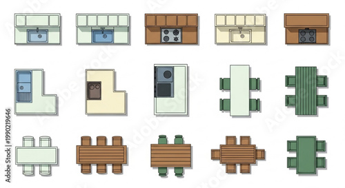 Top View Kitchen Furniture and Appliance Vector Set with Cabinets Islands Sinks and Dining Tables