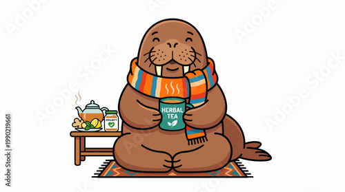 Cute Walrus Wearing a Scarf Enjoying a Warm Cup of Tea.