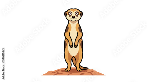 Cute meerkat standing alert on a small mound of dirt.