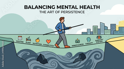 Man balancing mental health on tightrope with city background.