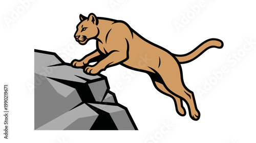 Cougar Leaping From Rocky Outcrop Illustration.