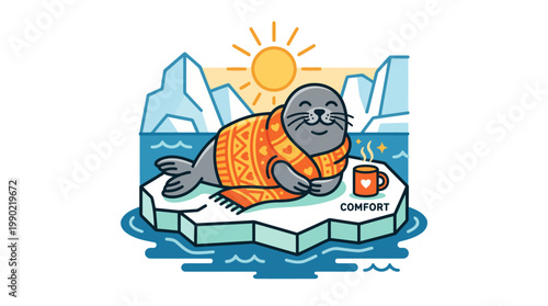 Cute seal wearing a warm sweater enjoying a hot drink on an ice floe.