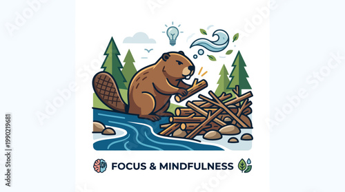 Beaver Building Dam with Focus and Mindfulness Concept.