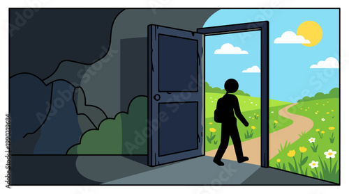 Person walking through an open door into a bright sunny landscape.