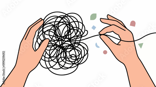 Hands untangling a complex knot of black string.