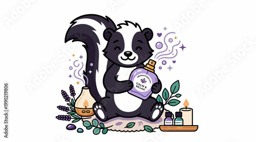 Cute cartoon skunk holding a perfume bottle with aromatherapy diffuser and candle.