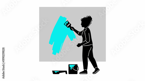 Young Woman Painting a Wall with Bright Blue Color.