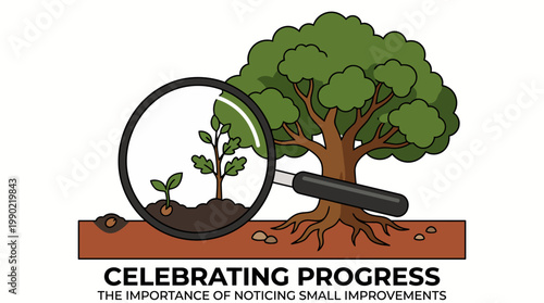 Magnifying Glass Shows Seedling Growth Towards Mature Tree.