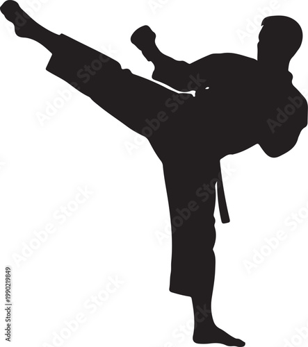Martial arts silhouette, karate kick vector, black fighter icon, kickboxing illustration