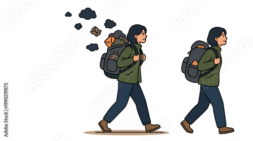 Person with backpack walking and shedding rocks.