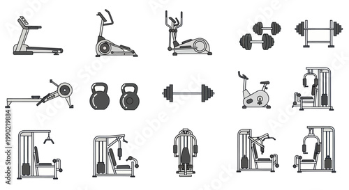 Fitness Equipment Icons: Treadmill, Elliptical, Dumbbells, Barbell, Rowing Machine, Gym Machines