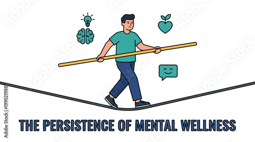 Man balancing on tightrope representing mental wellness journey.