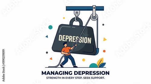 Man struggling to lift heavy weight labeled depression.