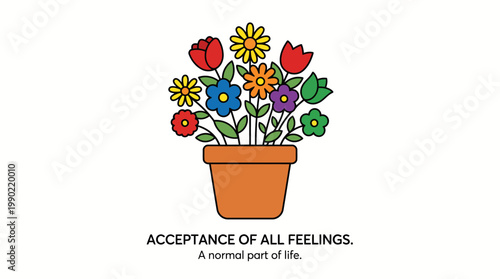 Colorful flowers in a pot with text acceptance of all feelings.