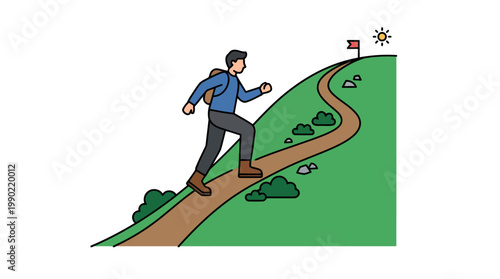 Man climbing a winding path towards a goal flag on a green hill.