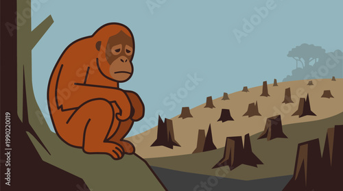 Sad Orangutan Sits Alone on Tree Stump Amidst Deforestation.