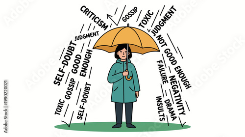 Person holding umbrella protecting from negative words and emotions.