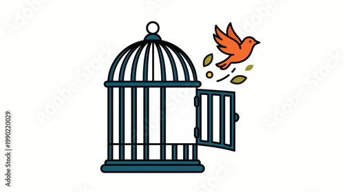 Orange bird flying out of an open cage door.