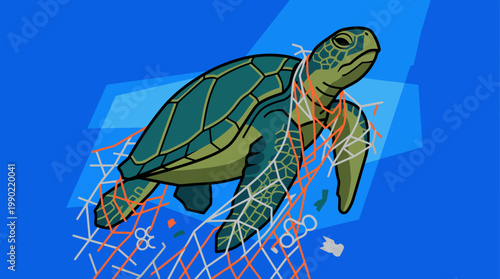 Sea turtle entangled in plastic fishing net pollution.
