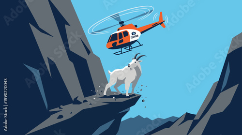 Helicopter rescue operation for a mountain goat on a cliff.