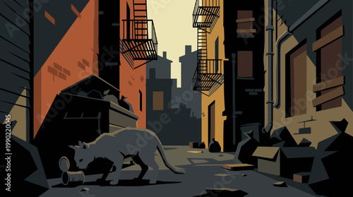 A lone cat scavenges for food in a dark urban alleyway.