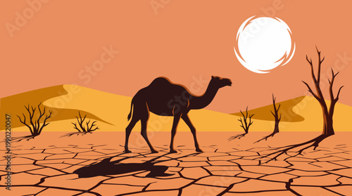 Camel walking across a dry desert landscape under the sun.