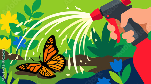 Hand watering a monarch butterfly in a garden with flowers.