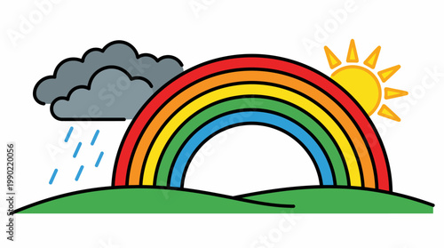 Rainbow appears after rain with sun shining brightly.