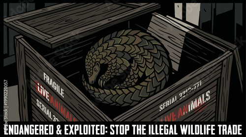 Pangolin curled up inside a wooden crate marked fragile live animals.