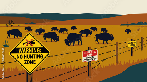 Herd of bison grazing in a protected wildlife area with warning signs.