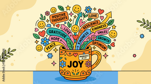 Cup overflowing with positive emotions and thoughts.