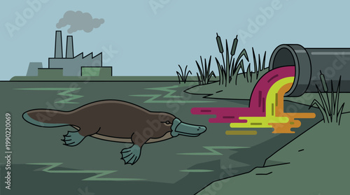 Platypus swims in polluted water near industrial pipe.