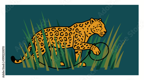 Jaguar walking through tall green grass illustration.