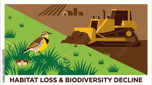 Bulldozer destroying natural habitat with bird watching.