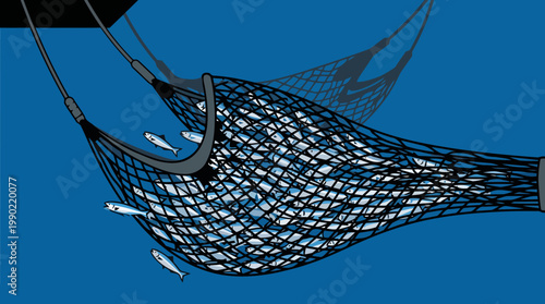 Fishing net catching small fish in the ocean water.