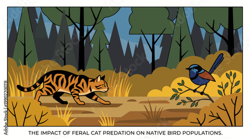 Feral Cat Stalking a Small Bird in a Forest Environment.